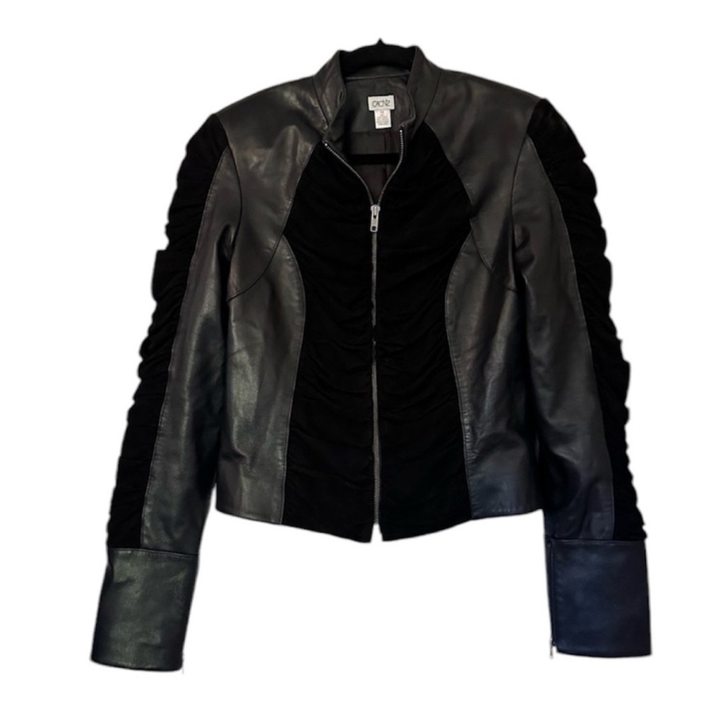 Cache Goat Leather Suede Ruched Sleeve Zip Front Jacket Black Womens 10